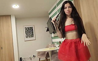 Beautiful woman in a red skirt and without underwear, wants to be fucked as a Christmas gift